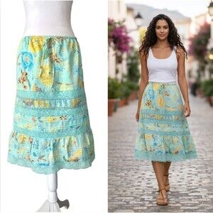 Vintage Banana Republic Linen Cotton Lace Floral Skirt Tiered Boho Cottage  Sz 6